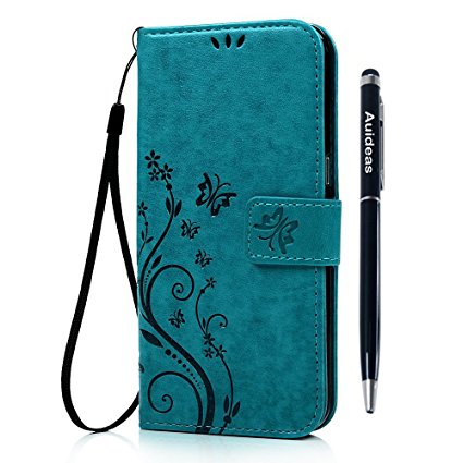 Galaxy J7 Wallet Case - Auideas Fashion Floral Butterfly Embossed PU Leather Magnetic Flip Cover Card Holders & Hand Strap for Samsung Galaxy J7 (2016) J710 with Pen - Blue