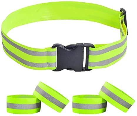 nuoshen Leful Reflective Belt, 1 pcs High Visibility Reflective Belt and 4 pcs Reflective Belt Elastic Armband Wristband for Jogging Biking Hiking Neon Mesh for Men and Women