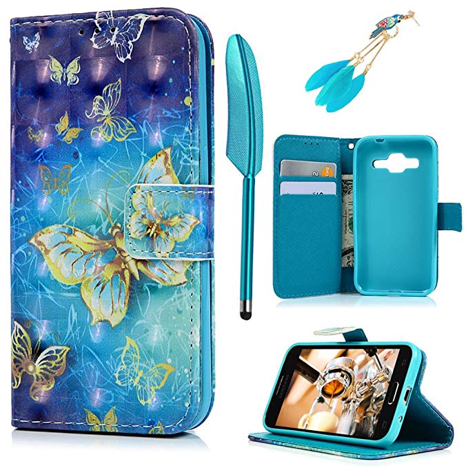 MOLLYCOOCLE Galaxy Core Prime Case,PU Leather Wallet Case 3D Relief Pattern Blue TPU Inner Bumper Credit Card Holders Hand Strap Cover for Samsung Galaxy Core Prime - Golden Butterfly