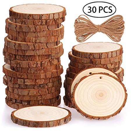 Fuyit Natural Wood Slices 30 Pcs 2.8-3.1 Inches Craft Wood Kit Unfinished Predrilled with Hole Wooden Circles Great for Arts and Crafts Christmas Ornaments DIY Crafts