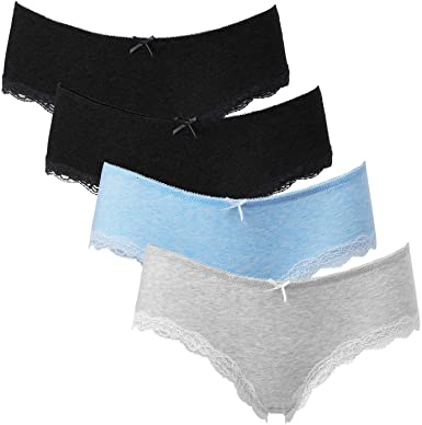 ATTRACO Women's Cotton Brief Panties Soft Underwear Lace Trim Hipster 4 Pack