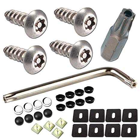 License Plate Screws Anti Theft - 34PC Bulk M6 3/4" Stainless Steel Tamper Resistant License Plate Bolts Nuts Lock Fasteners and Black & Chrome Caps for Acura, Audi, BMW, Tesla etc. License Plates