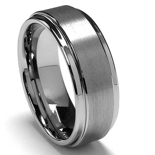 King Will 8mm White Tungsten Ring Wedding Band Step Edge Brushed Center Any Size