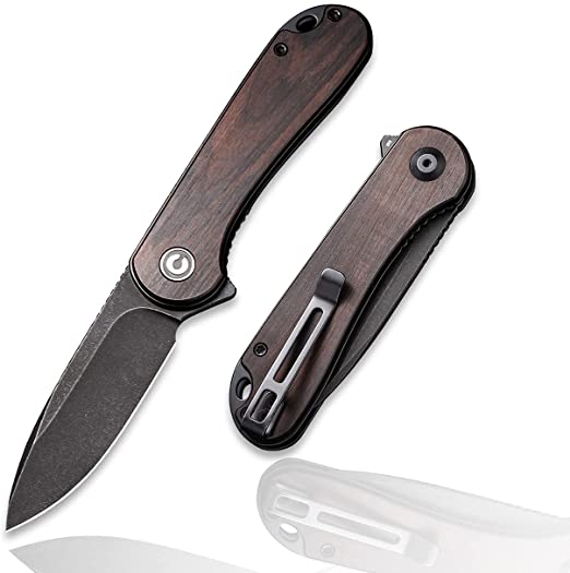 CIVIVI Folding Pocket Knife, 2.96" D2 Black Stonewashed Blade Ebony Wood Handle, Elementum Liner Lock Flipper Knife with Deep Carry Pocket Clip for EDC C907W