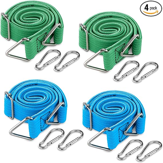 Navaris Adjustable Flat Bungee Cords (Set of 4) - Straps with Carabiner Hooks on Both Ends - Tie Down Cord Strap Pack - Includes 2 Different Lengths