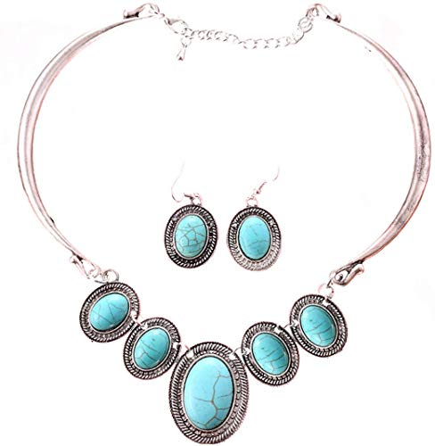 Qiyun (TM) Tibet Silver Collar Choker Turquoise Blue Bead Stone Necklace Earrings Set