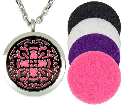 Diffusing Necklace and 4 Washable Pads - Stainless Steel 24 Chain and Pendant - Gift Boxed