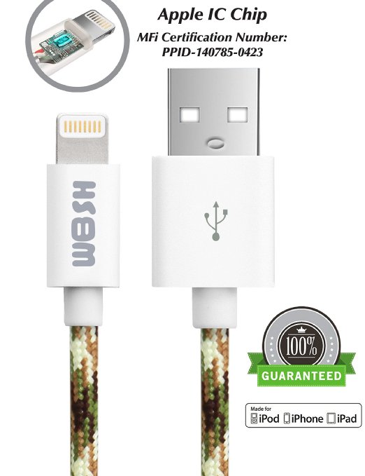 iPhone Charger, [Apple MFi Certified] 3.3ft 8-Pin Cotton Braided USB Data Lightning Cable, Fast Charging and Sync Power Cord For iPhone 6/6s Plus/SE/5s/5c/5, iPad Mini/Air/Pro, iPod Touch (Camouflage)