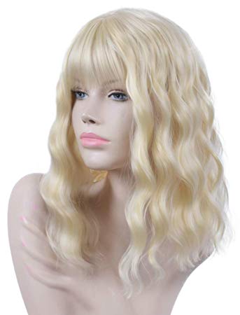 Goodly Blonde Short Curly Wigs for Women Natural Looking Wavy Curly 613 Blonde Wigs with Air Bangs for Women Synthetic Heat Resistant Fiber Wigs 14 Inch (613 Blonde Wig)