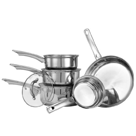 VonShef 5 Piece Stainless Steel Cookware Pan Pot Set with Glass Lids - Free 2 Year Warranty