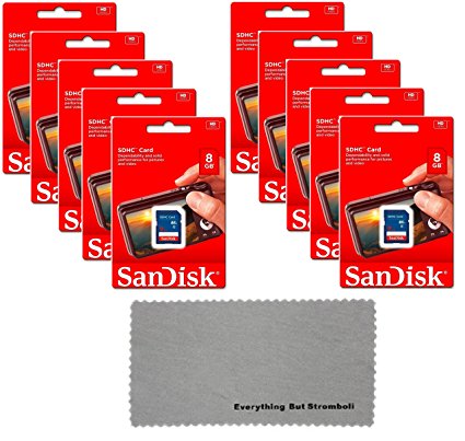 10 Pack SanDisk SD HC 8 GB Class 4 Flash Memory Card SDSDB-008G Retail - With Everything But Stromboli (tm) MicroFiber Cleaning Cloth