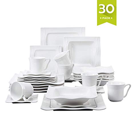 Malacasa 30 Pieces Dinnerware Set Square Dishes White; Includes 6 Dinner Plates 6 Soup Plates 6 Dessert Plates, 6 Mugs and 6 Saucers, Service for 6 Series Mario