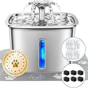 Veken Innovation Award Winner Stainless Steel Cat Water Fountain, 95oz/2.8L Automatic Pet Fountain with 6 Replacement Filters & 6 Pre-Filter Sponges & Silicone Mat for Cats, Dogs (Silver)