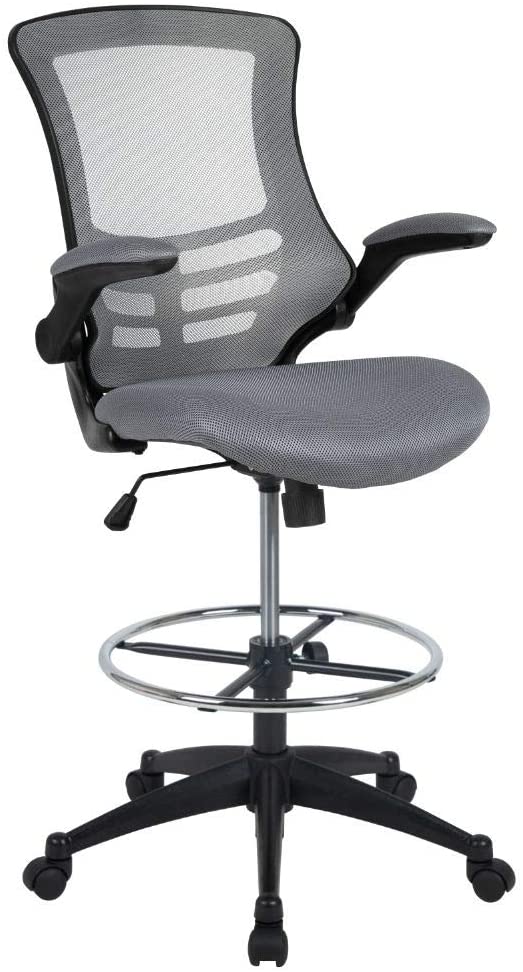 Flash Furniture Mid-Back Dark Gray Mesh Ergonomic Drafting Chair with Adjustable Foot Ring and Flip-Up Arms