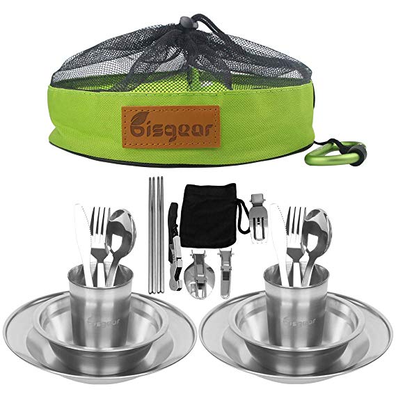 Bisgear 13/20pcs Stainless Steel Tableware Mess Kit Includes Plate Bowl Cup Spoon Fork Knife Chopsticks Carabiner Wine Opener Dishcloth & Mesh Travel Bag for Camping Backpacking & Hiking