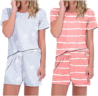 Ekouaer 2 Pack Pajama Sets Womens's Short Sleeve Tops with Shorts Comfy Pjs Casual Lounge Sets Sleepwear with Pockets