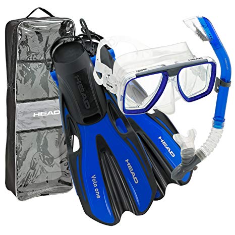 Head Italian Collection Travel Snorkeling Set Including Tempered Glass Mask, Superior Dry Top Snorkel, Adjustable Fin Flippers with Carry Snorkel Bag