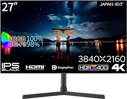 JAPANNEXT 27インチ IPS BLACKパネル搭載 4K(3840x2160)解像度 液晶モニター JN-27IPSB4FLUHDR HDMI DP HDR sRGB 100% DCI-P3 98% 4辺フレームレスモデル PIP/PBP機能