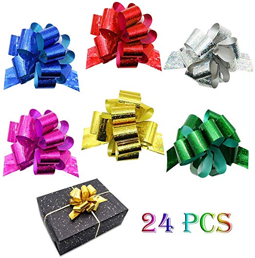 24PCS Gift Pull Bows- 4" Wide,6 Colors Gift Wrapping Christmas Wedding Valentine's Day Present Decoration Pull Bows