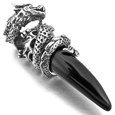 INBLUE Men's Stainless Steel Pendant Necklace Simulated Crystal Dragon Wolf Tooth -With 23 Inch Chain