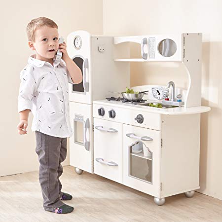 Teamson Kids - Retro Wooden Play Kitchen with Refrigerator, Freezer, Oven and Dishwasher - White (1 Pieces)