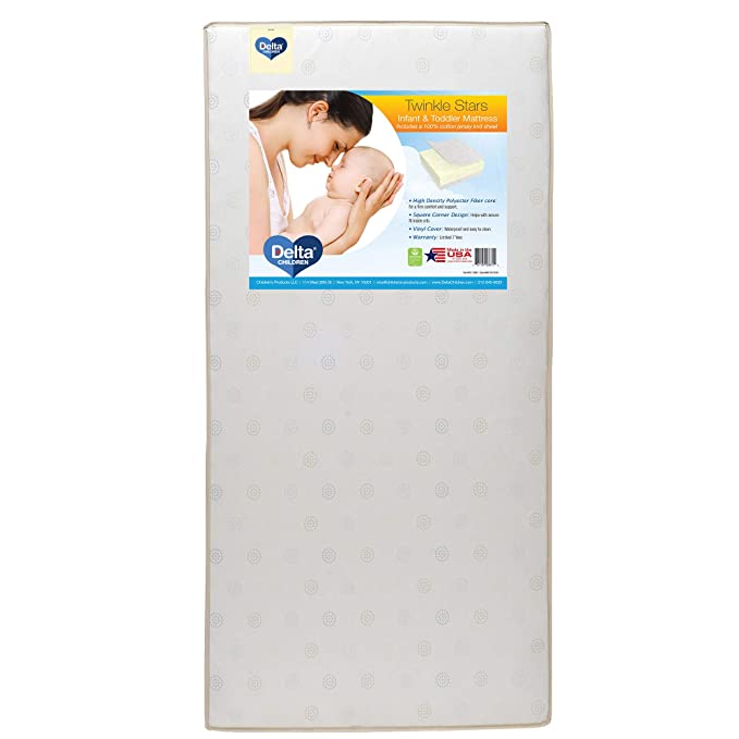 Delta Children Twinkle Stars Fiber Core Crib & Toddler Mattress with 100% Cotton Fitted Crib Sheet | Waterproof | Lightweight | GREENGUARD Gold Certified (Natural/Non-Toxic) | 7 Year Warranty