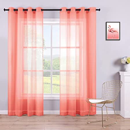 Coral Curtains 84 Inch Length for Bedroom Set 2 Panels Grommet Faux Linen Semi Voile Window Sheer Curtains for Living Room Decor 52x84 Long