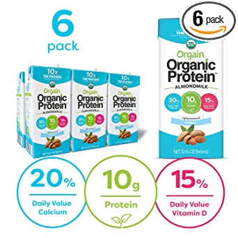 Orgain Organic Plant Based Protein Almond Milk, Lightly Sweetened - Non Dairy, Lactose Free, Vegan, Plant Based, Gluten Free, Soy Free, Kosher, Non-GMO, 32 Ounce (Pack of 6) (Packaging May Vary)