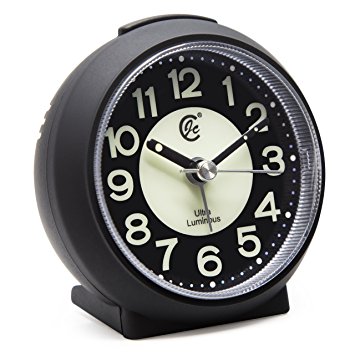 JCC Charming Luminous Small Round Handheld Size Non Ticking Quartz Bedside Desk Clock Travel Alarm Clock with Light Night, Snooze Function - Battery Operated (Matte - Black)