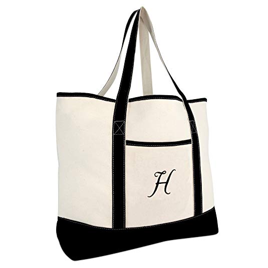 DALIX Monogram Bag Personalized Totes For Women Open Top Black Letter A-Z