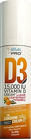All Natural Vitamin D3 15000IU Vitamin D Cream - Maximum Strength - Fight Vitamin D Deficiency Naturally - With Vitamin K2 & Olive Leaf Extract - Safe For Adults and Children - 3oz