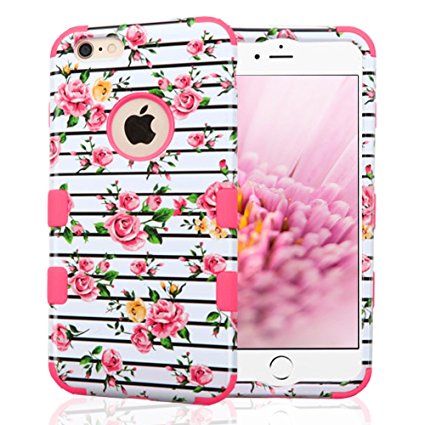 iPhone 6 Plus Case, iPhone 6S Plus Case, JoJoGoldStar Dual Layer Hybrid, Slim Fit Heavy Duty Plastic and Silicone TPU Hard Cover with Stylus and Screen Protector - Roses on Stripes