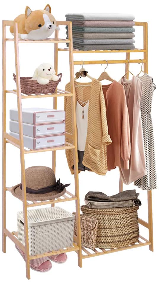 Ufine Bamboo Garment Rack 7-Tier Storage Shelves Clothes Hanging Rack, Heavy Duty Clothing Rack Minimalism Wardrobe Closet Organizer