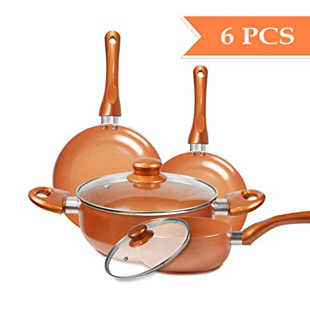 FRUITEAM Ceramic Nonstick Cookware Set Pots and Pans Set, 8"/9.5" Frying Pans 9.5" Soup Pot 6" Sauce Pan with Lid Gas Induction Compatible Copper Color