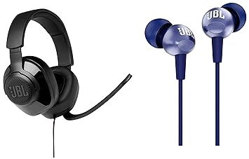 JBL Quantum 100, Wired Over Ear Gaming Headphones with mic & C200SI, Premium in Ear Wired Earphones with Mic, Signature Sound, One Button Multi-Function Remote, Angled Earbuds for Comfort fit (Blue)