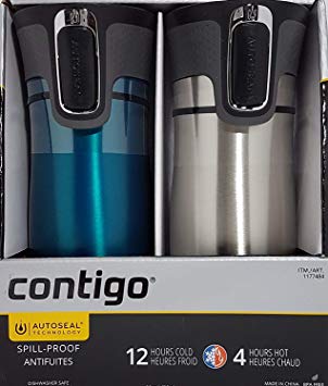 Contigo AUTOSEAL Spill-Proof Stainless Steel VacuumTravel Mug 14oz with Easy-Clean Lid, 2 Pack (Biscay Bay)