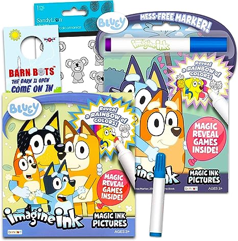 Disney Bluey Magic Ink Coloring Book Set Kids Toddlers - Bundle with 2 Bluey Imagine Ink Coloring Books with Invisible Ink Pens, Stickers and Door Hanger (Bluey Activity Set)