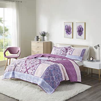 Intelligent Design Ezra 2 in 1 Reversible 100% Cotton Quilt, Bohemian Patchwork, Damask Design Modern Luxe All Season Coverlet Bedspread Set with Matching Shams, Twin/Twin XL(68"x90"), Purple 2 Piece