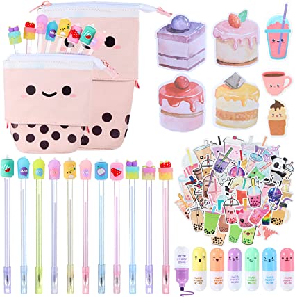 228 Pcs Kawaii Stationary Set Include Telescopic Boba Pencil Pouch Case Bag Gel Ink Pen Sticky Note Bubble Tea Sticker Pill Highlighter Stationary Cute School Supplies for Christmas Gift Kids (Vivid)