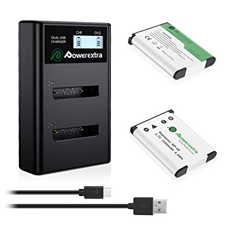 Powerextra 2 X Battery and Dual LCD Charger for Fujifilm NP-45A NP-45B NP-45S, Fujifilm FinePix XP20 XP22 XP30 XP50 XP60 XP70 XP80 XP90 XP120 XP130 T350 T360 T400 T500 T510 T550 T560 JX500 JX520 JX550