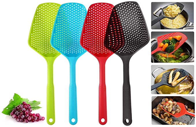 Kitchen Nylon Strainer Scoop Colander, Skimmer Spoon with Long Handle, Drain Shovel Strainers, Water Leaking Shovels Ice Shovel Colanders - 4 Pieces (Red ，blue，Black，Green)