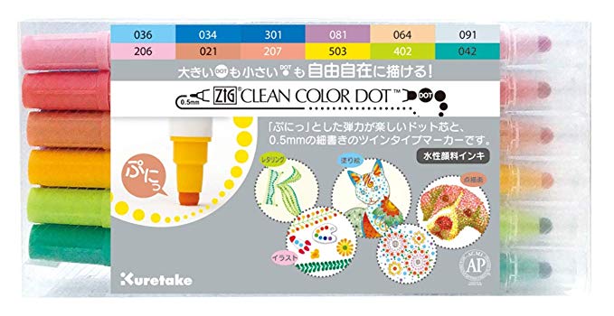 Kuretake Zig Clean Color Dot Pens Water Based Marker, 12 Colors Set (TC-6100/12V)