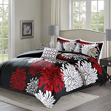 Comfort Spaces – Enya Comforter Set - 5 Piece – Black, Red – Floral Printed – Full/Queen size, includes 1 Comforter, 2 Shams, 1 Decorative Pillow, 1 Bed Skirt