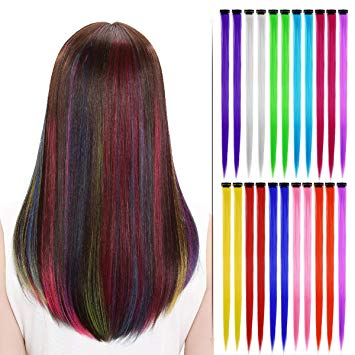 Beautymood 22 Pcs Multi-Colors Hair Fashionable Wigs Can Be Hot & Rolled Up & Cut,Colored Highlights Hair Extensions(11 Colors -Straight)