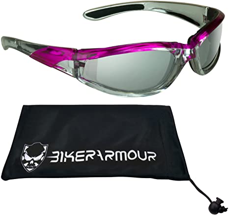 Chrome and Pink Motorcycle Sunglasses Foam Padded with Anti Glare Smoke lenses for Women.