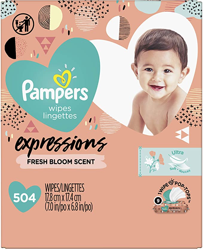 Baby Wipes, Pampers Expressions Baby Diaper Wipes, Hypoallergenic, Fresh Bloom Scent, 9X Pop-Top Packs, 504 Count