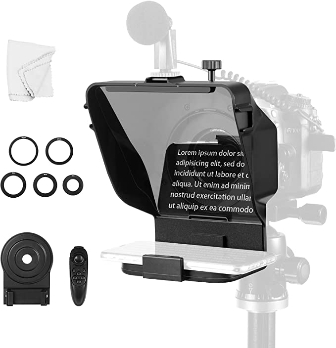 Teleprompter Prompter, Portable Teleprompters Kit with Remote Control Lens Adapter Rings for Smartphone DSLR Camera Recording Live Streaming Interview Presentation Stage Speech