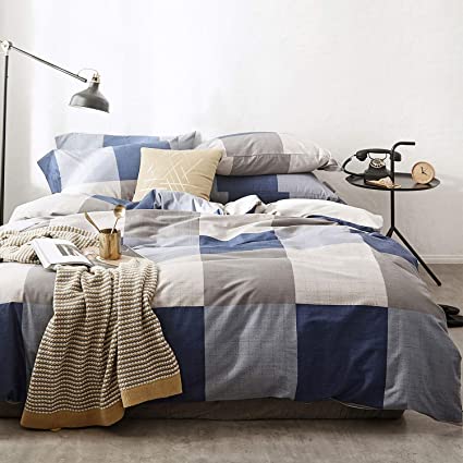 OREISE Duvet Cover Set Full/Queen Size 100% Cotton Bedding Set Gray Tan Blue Printed Grid Style,3Piece (1 Duvet Cover + 2 Pillowcase),Comfortable Luxurious Hypoallergenic