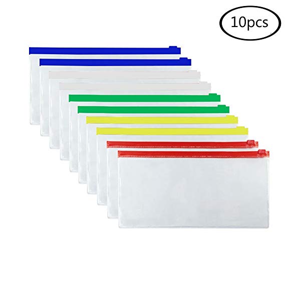 JPSOR 10pcs Poly Zip Envelope Files 5 Color Zippers, 9" x 4.7"