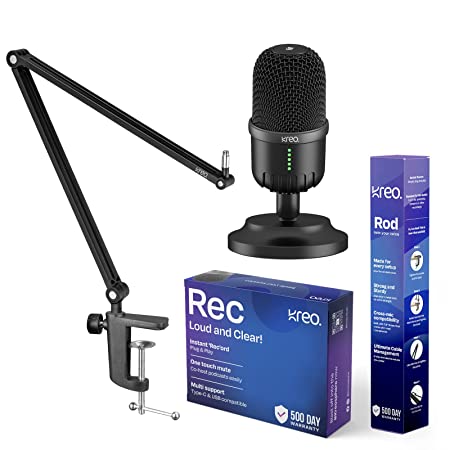 Kreo Rec with Rod Premium Condenser Mic Kit: Podcasting, Streaming, Zoom Calls, Gaming, Studio Recordings | Strong Aluminium Rod, One-Touch Mute, Desk Stand & Boom Arm | Plug & Play: USB Type A & C